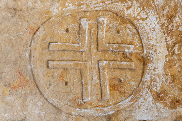 Decorative carvings over the door of Lady of Kafr Bir’im Maronite Church at Bar'am National Park in northern Israel near the Lebanese border.
