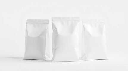Three white pouches with zipper closures stand on display
