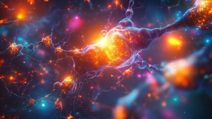Obraz premium A dynamic neural network displayed in glowing lines and nodes, with an abstract, cosmic background filled with swirling colors