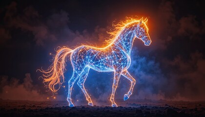 Glowing silhouette of a horse in an amazing firelight display backdrop of darkness, emanating vitality and vibrance