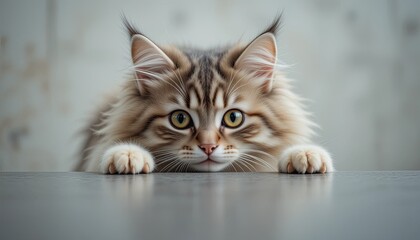 Adorable Siberian Cat Peeking Over a Surface Background with Folded Ears