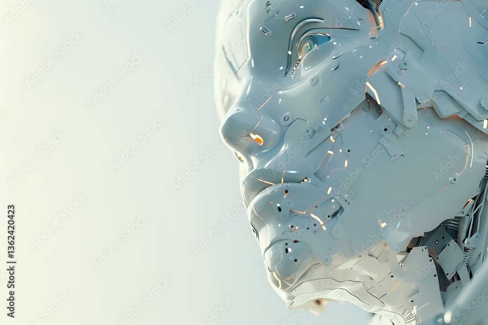 Poster fragmented porcelain-like face sculpture with smooth white surface breaking apart into floating piec