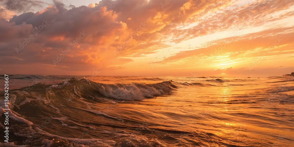 Poster sunset over ocean waves with vibrant colors and dramatic clouds.