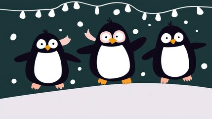 Naklejka premium Playful Penguins in Snowy Winter Scene with String Lights