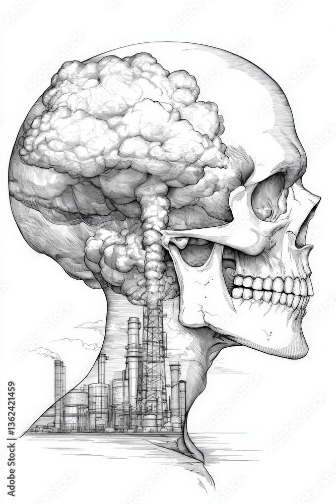 Poster anatomical skull with mechanical gears inside in black and white showing fusion of human thought pro