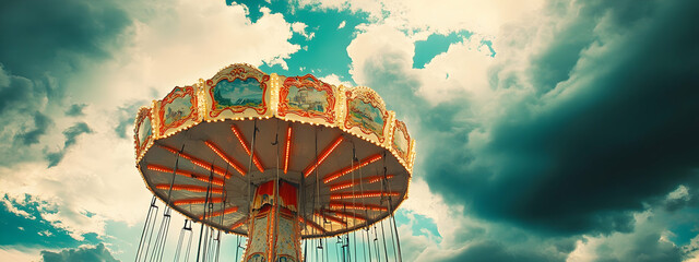Vibrant retro carousel sign against a dramatic cloudy sky evoking nostalgia  -