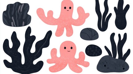 Naklejka premium Playful Pink Glitter Octopuses and Dark Gray Seaweed Illustration