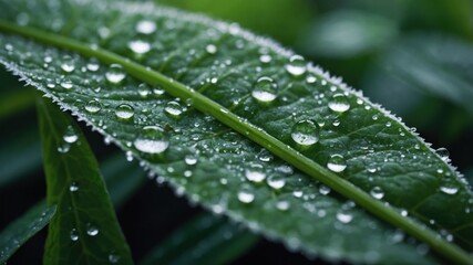Close-up of a green leaf adorned with water droplets, showcasing nature's beauty.