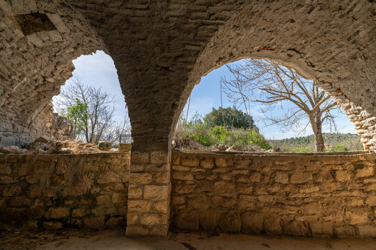 Side room with interesting arches  of Lady of Kafr Bir&rsquo;im Maronite Church at Bar'am National Park in northern Israel near the Lebanese border.
