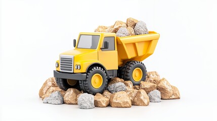 Yellow Dump Truck Model Loaded with Rocks on White Background