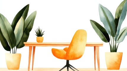 Minimalist home office design with watercolor plants and chair for creative workspace inspiration