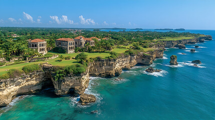 Obraz premium Aerial view showcasing stone buildings on a cliffside overlooking the vibrant turquoise ocean with islands visible in t
