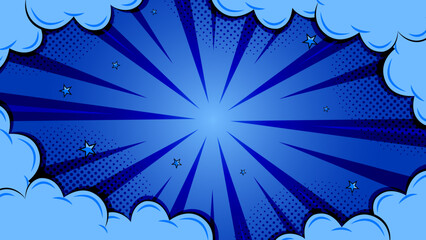 Blue Comic Book Background with Pop Art Explosion, Halftone Rays, and Cloud Frame. Dynamic Superhero Style