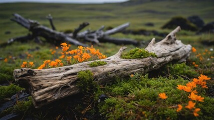 A serene landscape featuring a weathered log surrounded by vibrant orange flowers and greenery.