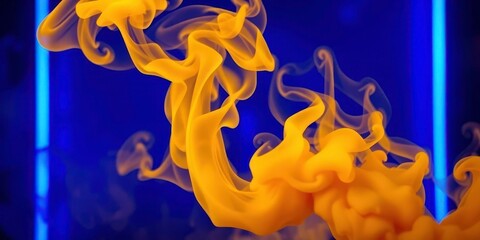 Mustard yellow smoke swirls dramatically against a deep blue neon background, creating a vibrant, energetic atmosphere, captivating, modern