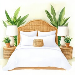 Watercolor painting of a tranquil bedroom with natural elements and cozy atmosphere for interior design and home decor projects