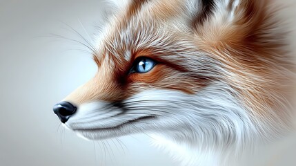 Obraz premium Red fox portrait with piercing blue eyes and detailed fur texture in soft artistic style against light background, side view profile showing wild nature.