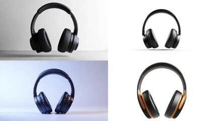 Four views of stylish black and gold over-ear headphones on various backgrounds.