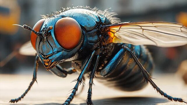Close-up of a vibrant blue fly with large orange eyes on a surface