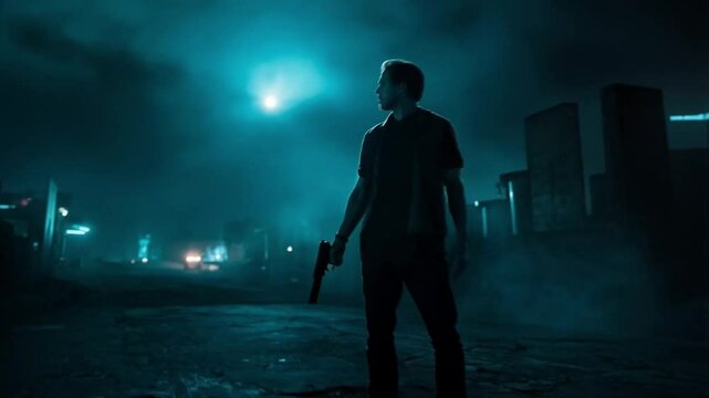 A hitman moves stealthily through the darkness, his silhouette blending into the shadows as he navigates with precision and purpose.