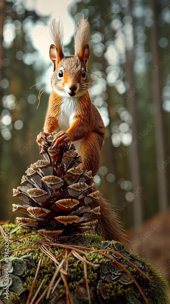 Poster a squirrel engages with a large pine cone in a vibrant forest setting, showcasing its playful nature