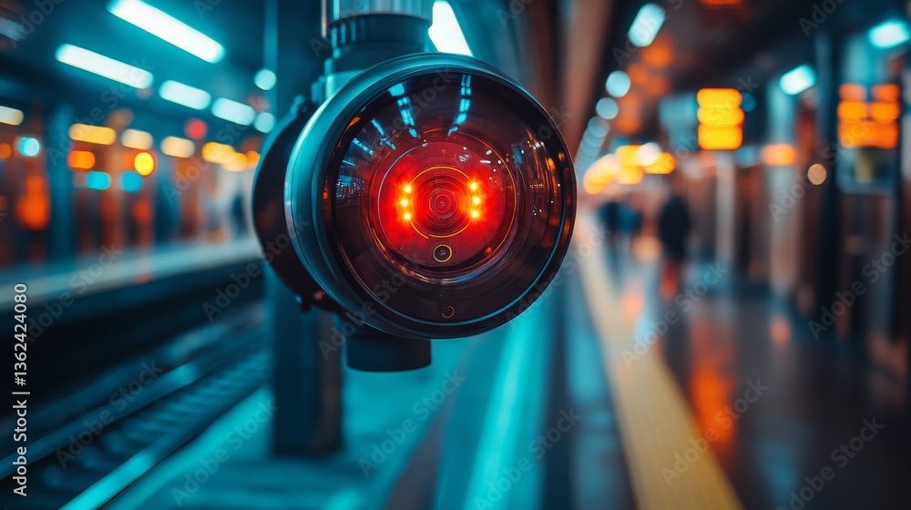 Poster A red surveillance camera is positioned in a transportation hub, capturing activity during the evening rush hour. Commuters are visible in the background as they navigate the platform.