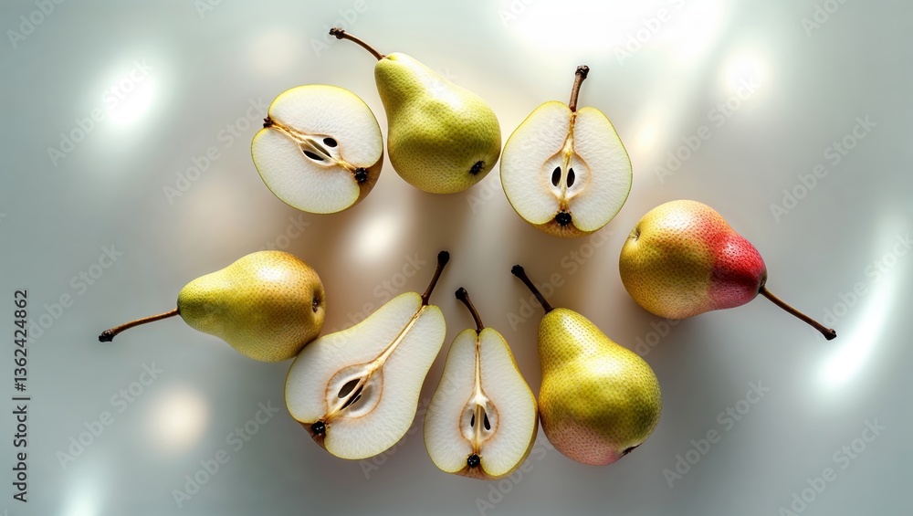 Poster freshly cut pears arranged in a circular pattern on a light background showcasing their texture and 