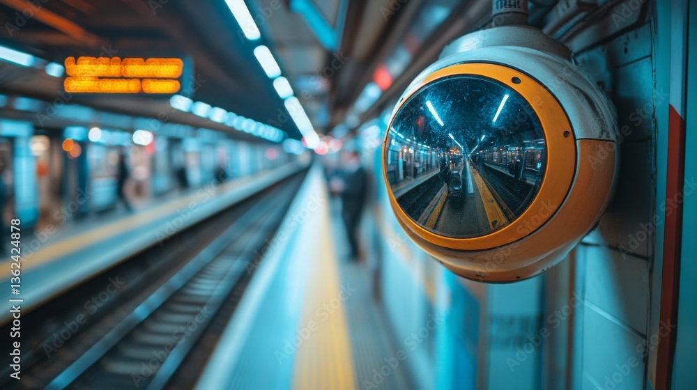 Aufkleber Surveillance camera installed at a subway platform captures commuter activity while trains arrive and depart, ensuring safety and operational efficiency in the transit system.