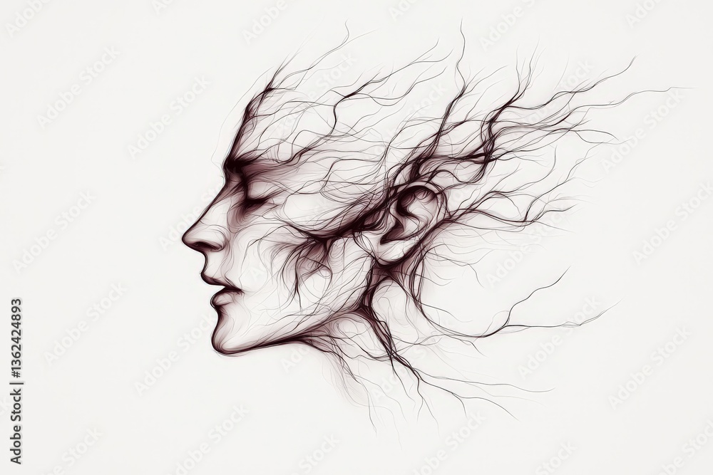 Poster abstract human face dissolving into growing neural branches visualizing brain activity and conscious