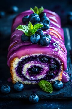 Delicious dessert roll cake decorated with fresh blueberries and glaze