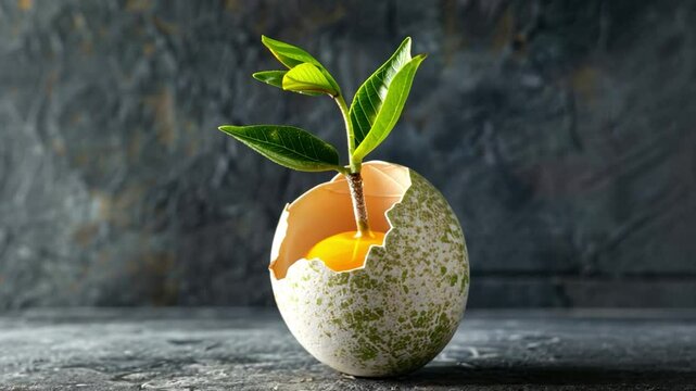 Freshness of Life Creative Representation of Growth and New Beginnings with Green Plant Sprouting from Cracked Egg Shell in Nature