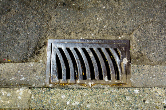 Storm drain on a roadway, a metal grille.