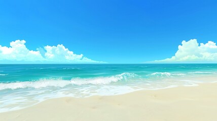 Photorealistic beach landscape with soft white sand, turquoise water, and gentle waves under a bright sky
