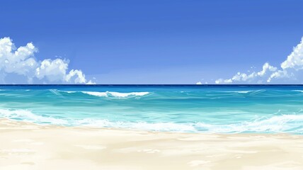 Photorealistic beach landscape with soft white sand, turquoise water, and gentle waves under a bright sky
