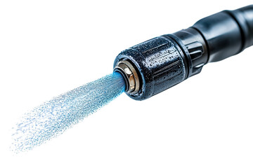Refreshing Water Jet Spraying From A Sleek, Dark Nozzle, Glistening With Condensation, Against A Bright Isolated on Transparent Background