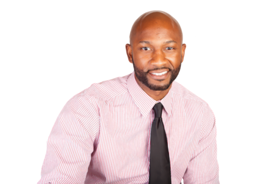 A man wearing a red and black striped shirt and a black tie is smiling