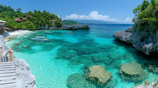 An island paradise with turquoise water lush greenery boats dotting the bay and a glimpse of mountains in the horizon