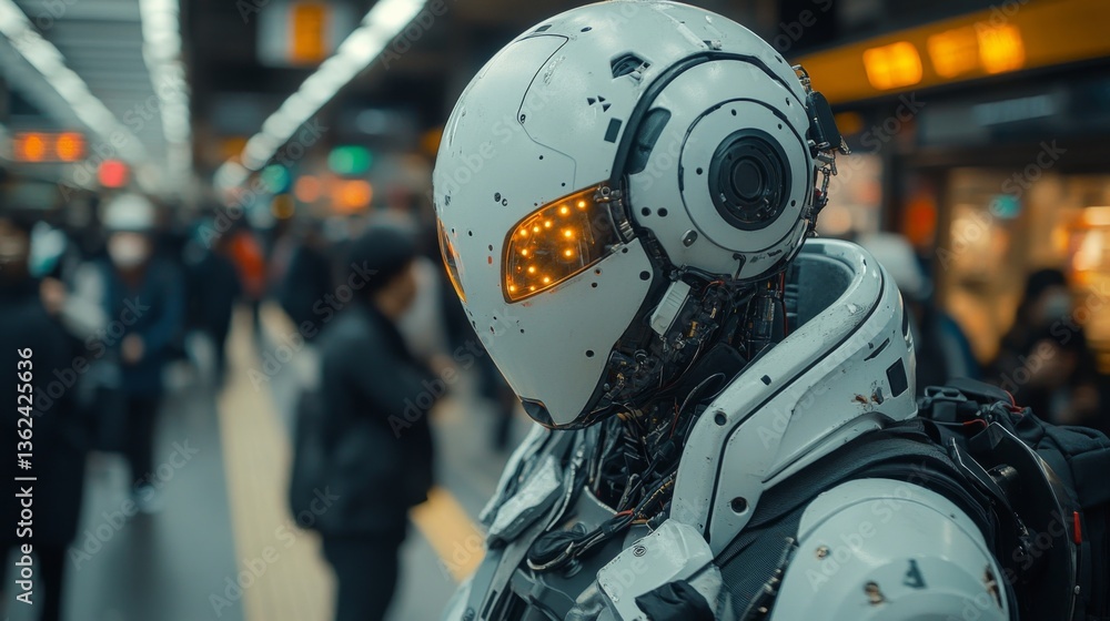 Aufkleber A robotic assistant is stationed at a bustling transit hub, actively monitoring passenger movement and ensuring smooth operations during high traffic periods.