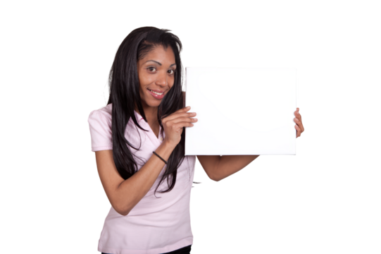 A woman is holding a white sign and smiling - Powered by Adobe