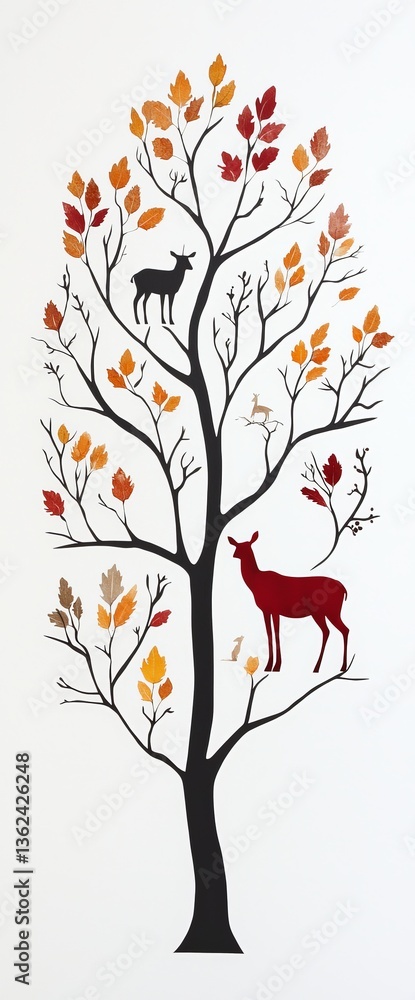 Poster tree with colorful circular canopy illustrating four seasons rooted in minimalist floating design re