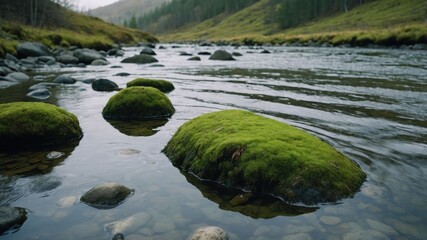 A serene river scene with moss-covered rocks and gentle ripples in the water.