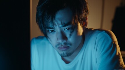 Fototapeta premium Photorealistic image of a person staring blankly at a computer screen late at night, showing mental strain and digital fatigue 