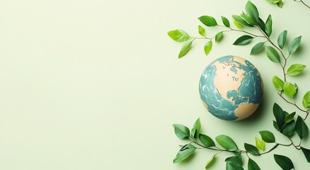 Earth Globe Surrounded by Green Leaves on Light Green Background