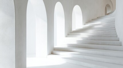 Obraz premium White spiral staircase with arched windows, bright interior, architectural design