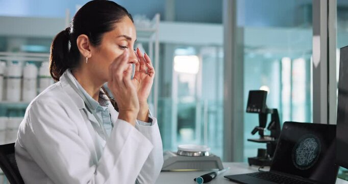 Laboratory, science and woman with headache on computer for research, medical study and microscope for sample. Healthcare, pharmacy and tired scientist with fatigue, burnout and stress for mistake