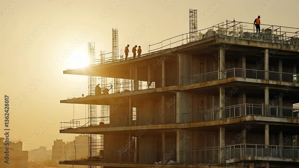 Poster workers constructing a building during sunset in urban area generative ai