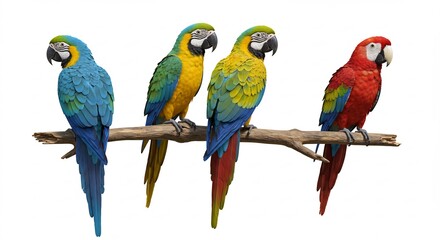 Vibrant Macaws Perched on Branch Bold Colors. AI Generated