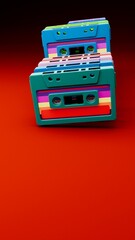 Cassette tapes with 80s style labels and multicolor cases on red background