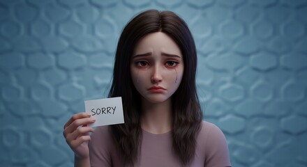 Naklejka premium Sad woman holds sorry note soft light portrait. AI Generated
