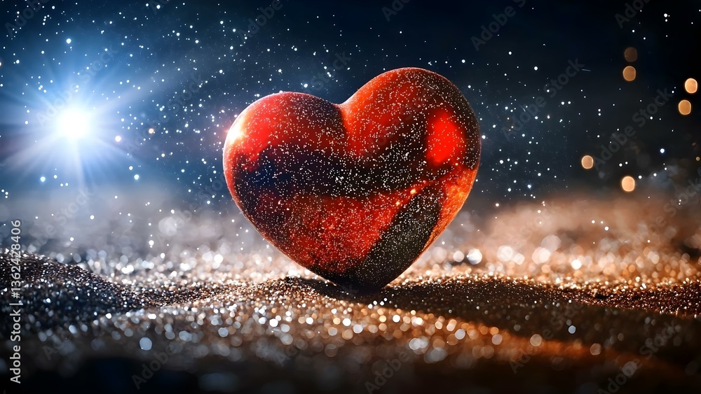 Poster a sparkling red heart-shaped object surrounded by a shimmering, glimmering background filled with li